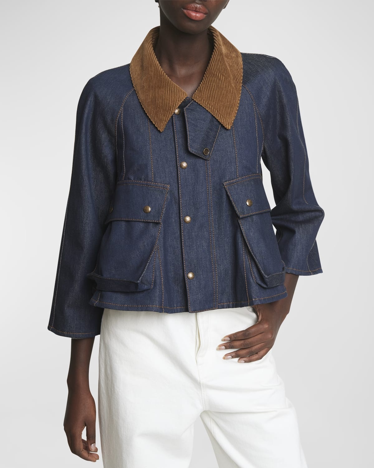 Collared Denim Trapeze Jacket - 7