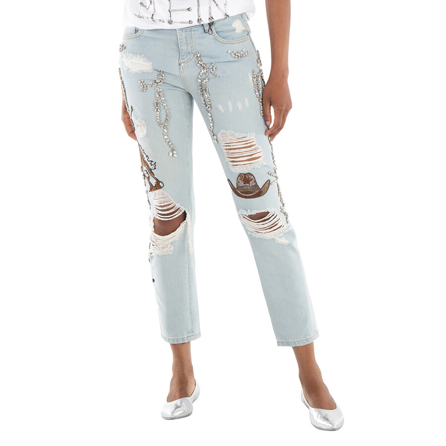 Philipp Plein Boyfriend Cowboy Patch-Embellished Jeans, Waist Size 26" - 3