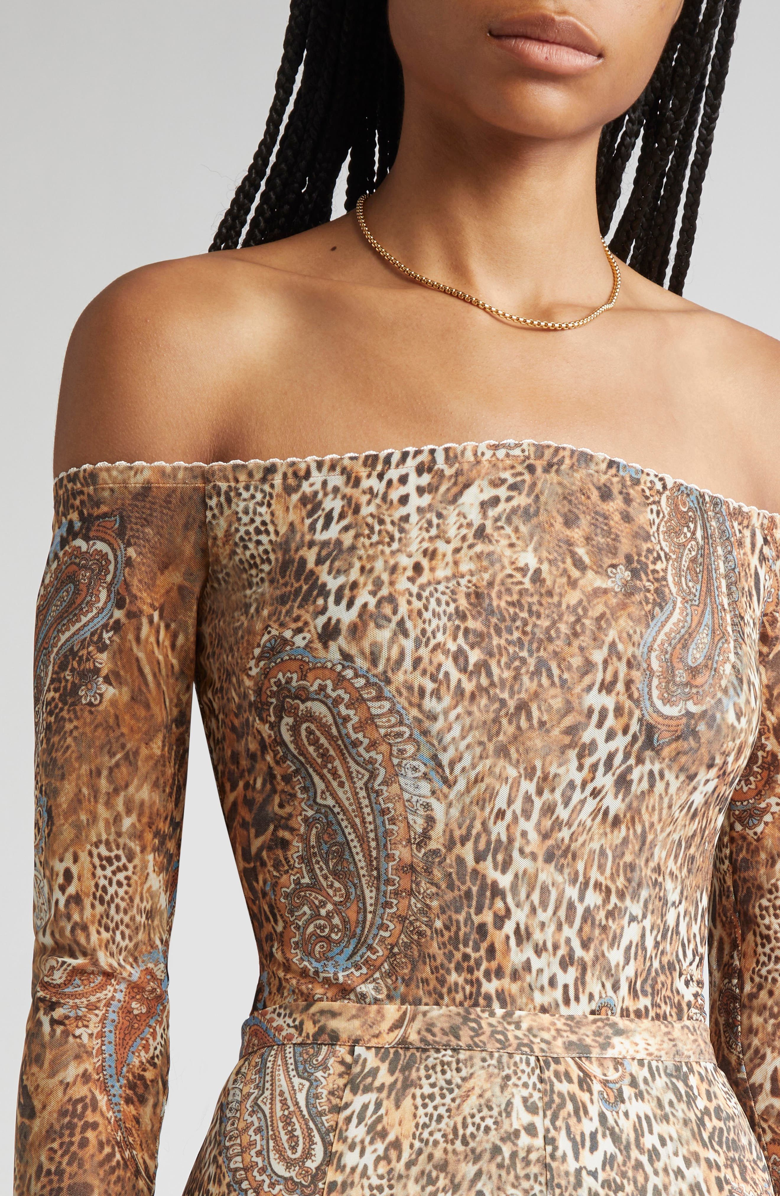 L'AGENCE Peonie Off the Shoulder Bodysuit in Brown/Blue Valencia Leopard at Nordstrom - 5