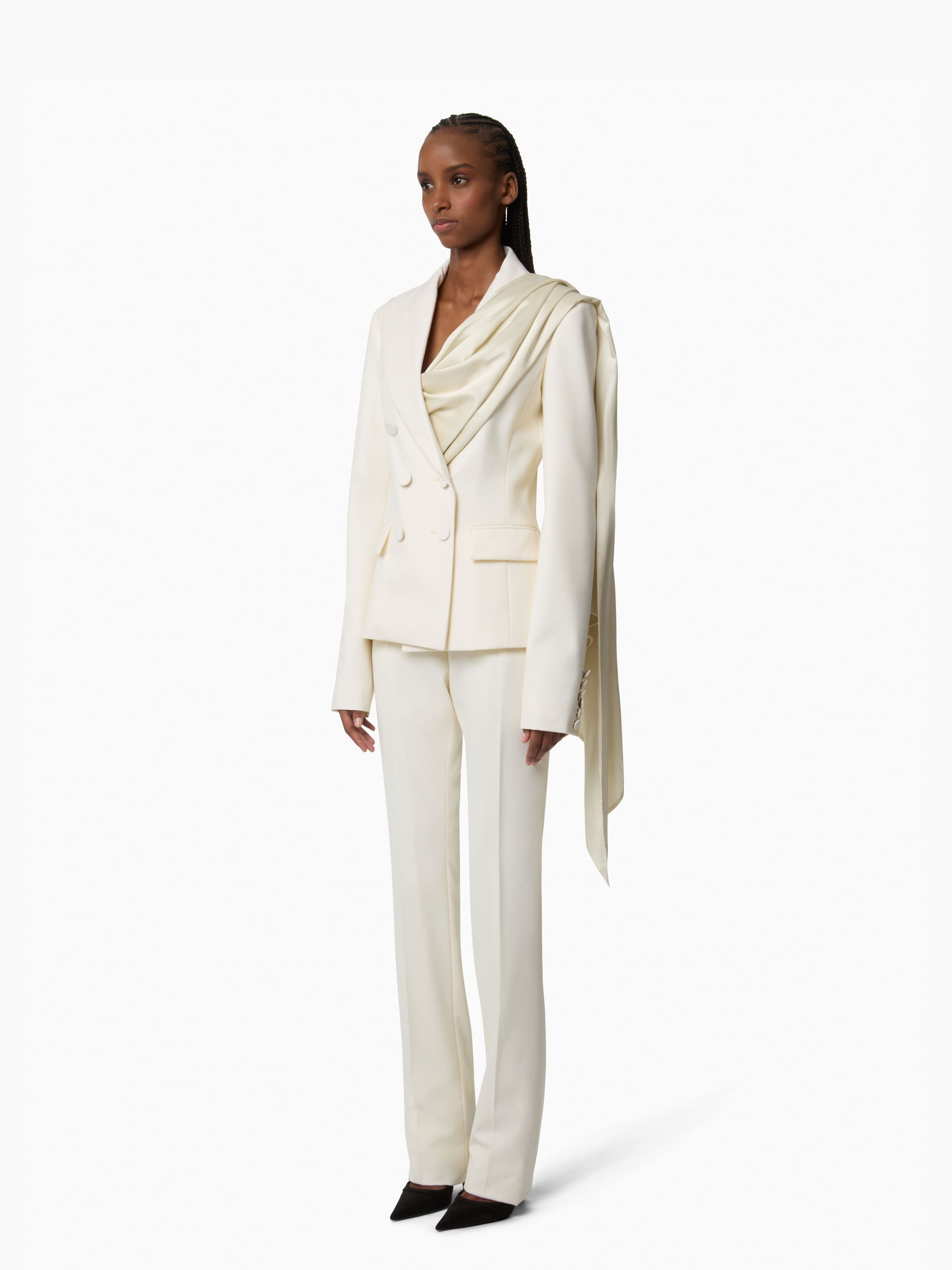 White Tailored Blazer With Scarf - 2