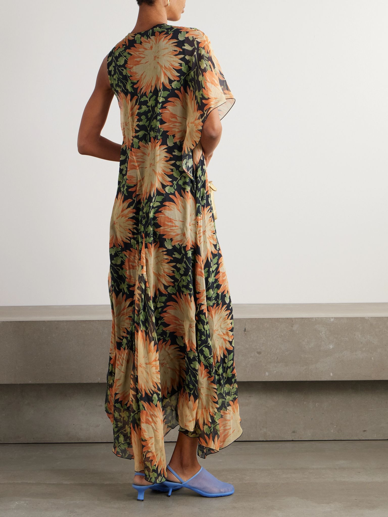 One-sleeve asymmetric floral-print silk-crepon dress Orange - 3
