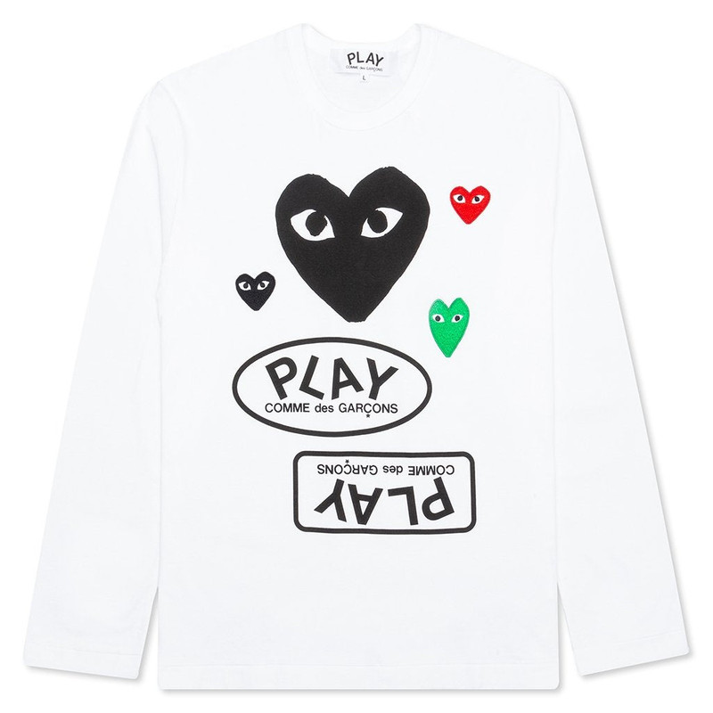 COMME DES GARCONS PLAY WOMEN'S BLACK MULTI LOGO L/S T-SHIRT - WHITE 1