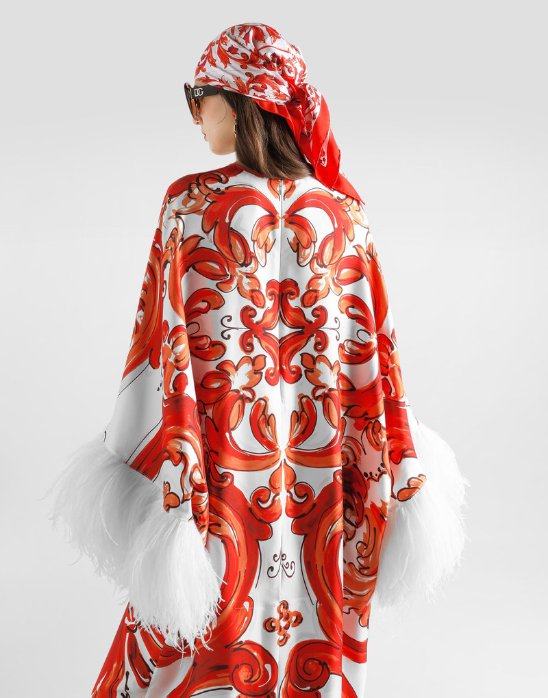 Majolica-print long kaftan dress with feather trim 5