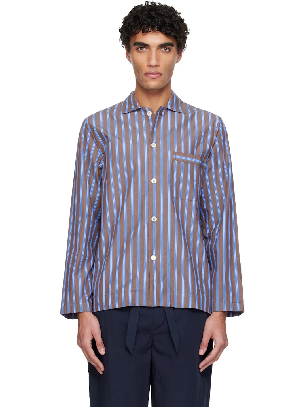 Brown & Blue Poplin Long-Sleeved Pyjama Shirt - 1