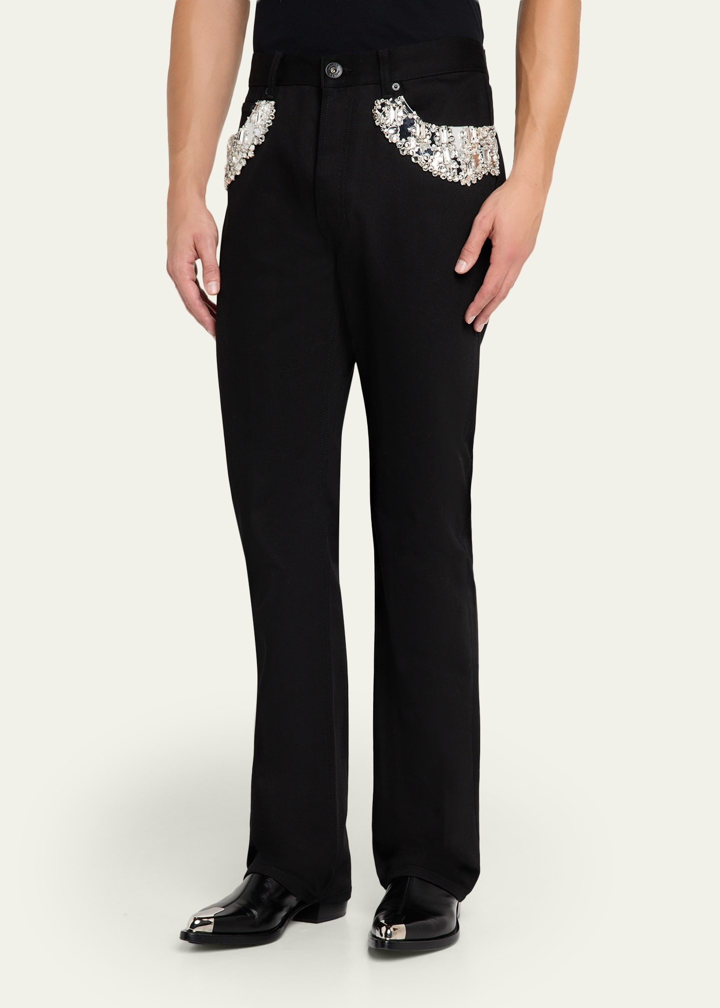 Men's Black Denim Slim Crystal-Trim Jeans - 4