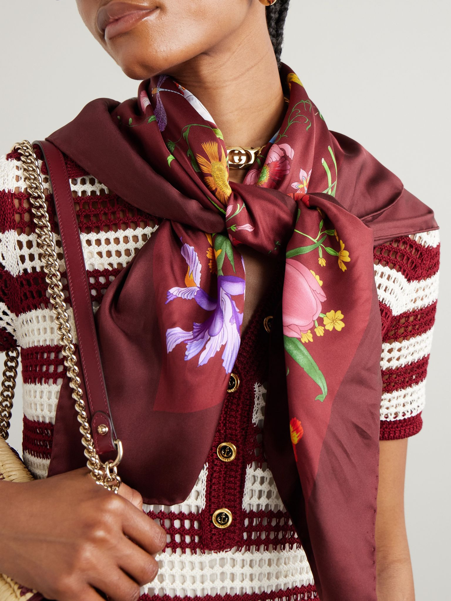 Flora floral-print silk-twill scarf Burgundy - 4