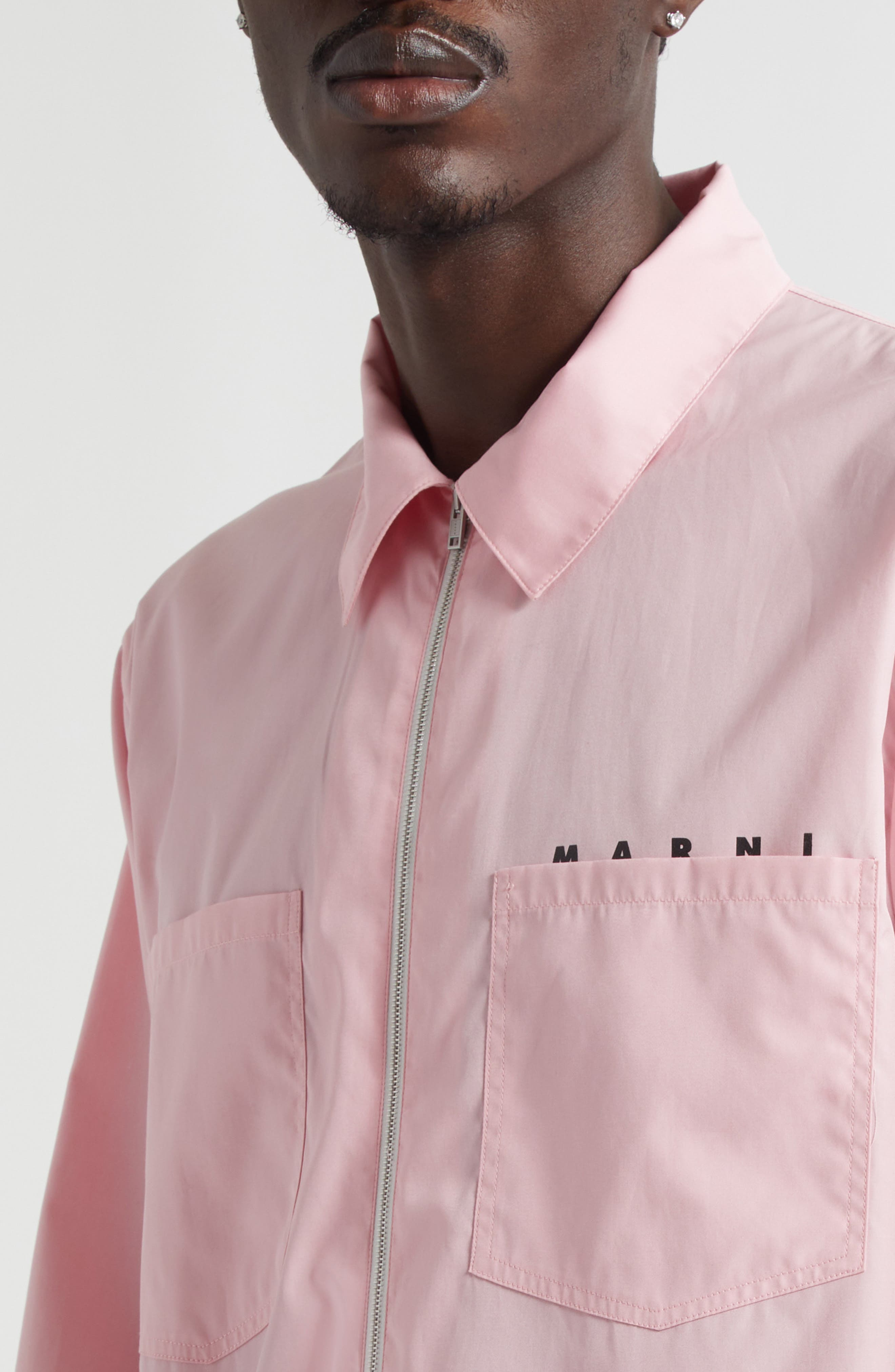 Marni Hidden Logo Organic Cotton Poplin Zip Shirt in Peony at Nordstrom - 5
