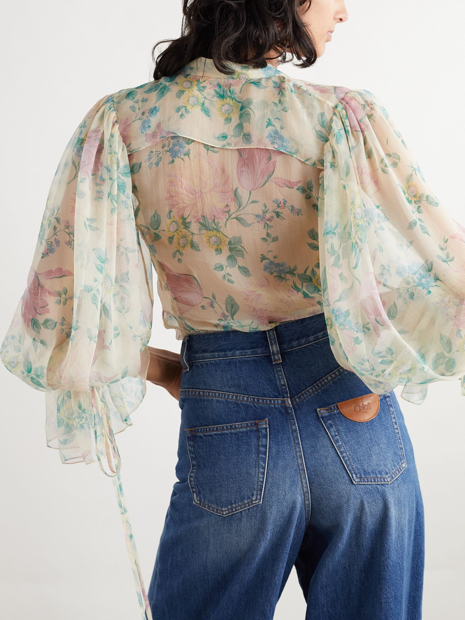 Ruffled floral-print silk-chiffon shirt Beige - 3