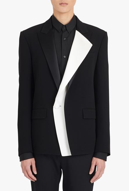 Double-breasted black and white satin and crepe blazer - 5