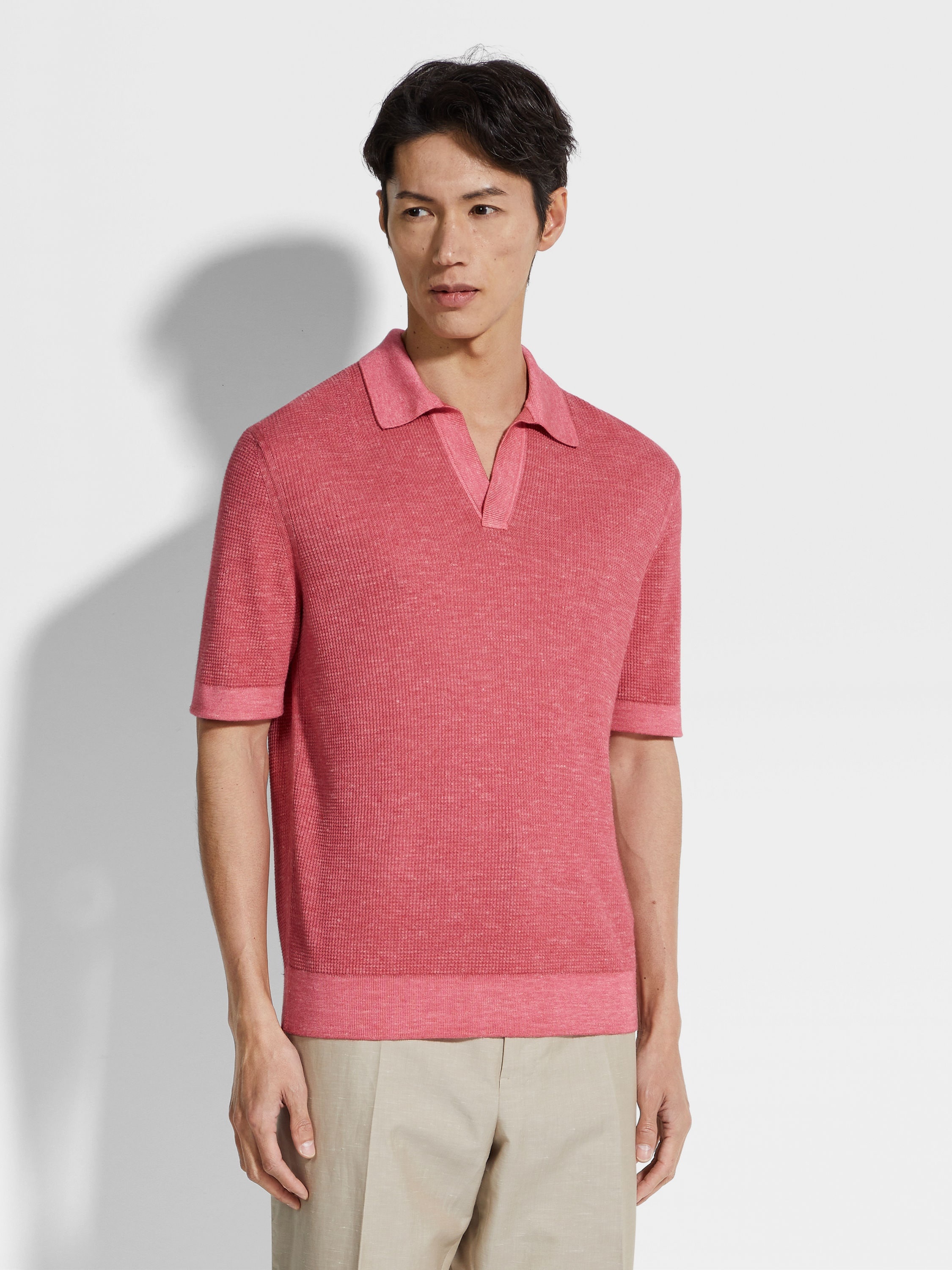 FUCHSIA MÉLANGE SILK CASHMERE AND LINEN POLO SHIRT - 4