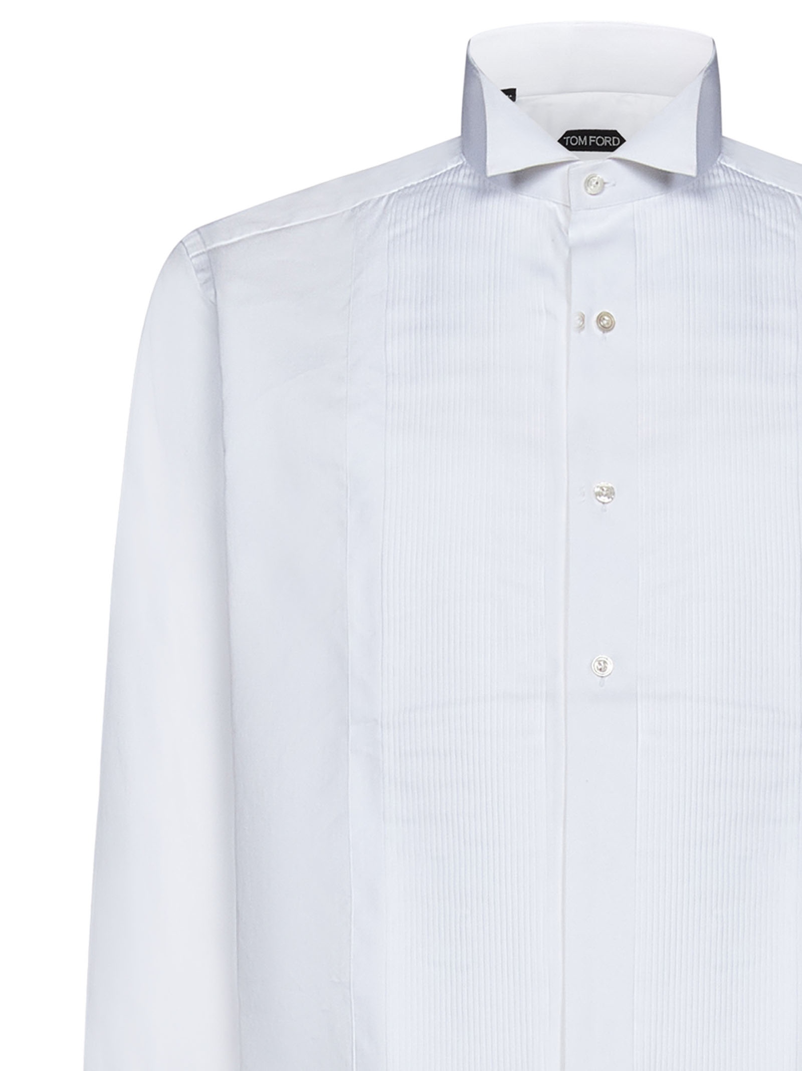 Optical white cotton and silk tuxedo shirt with pleated plastron and wing collar. - 3