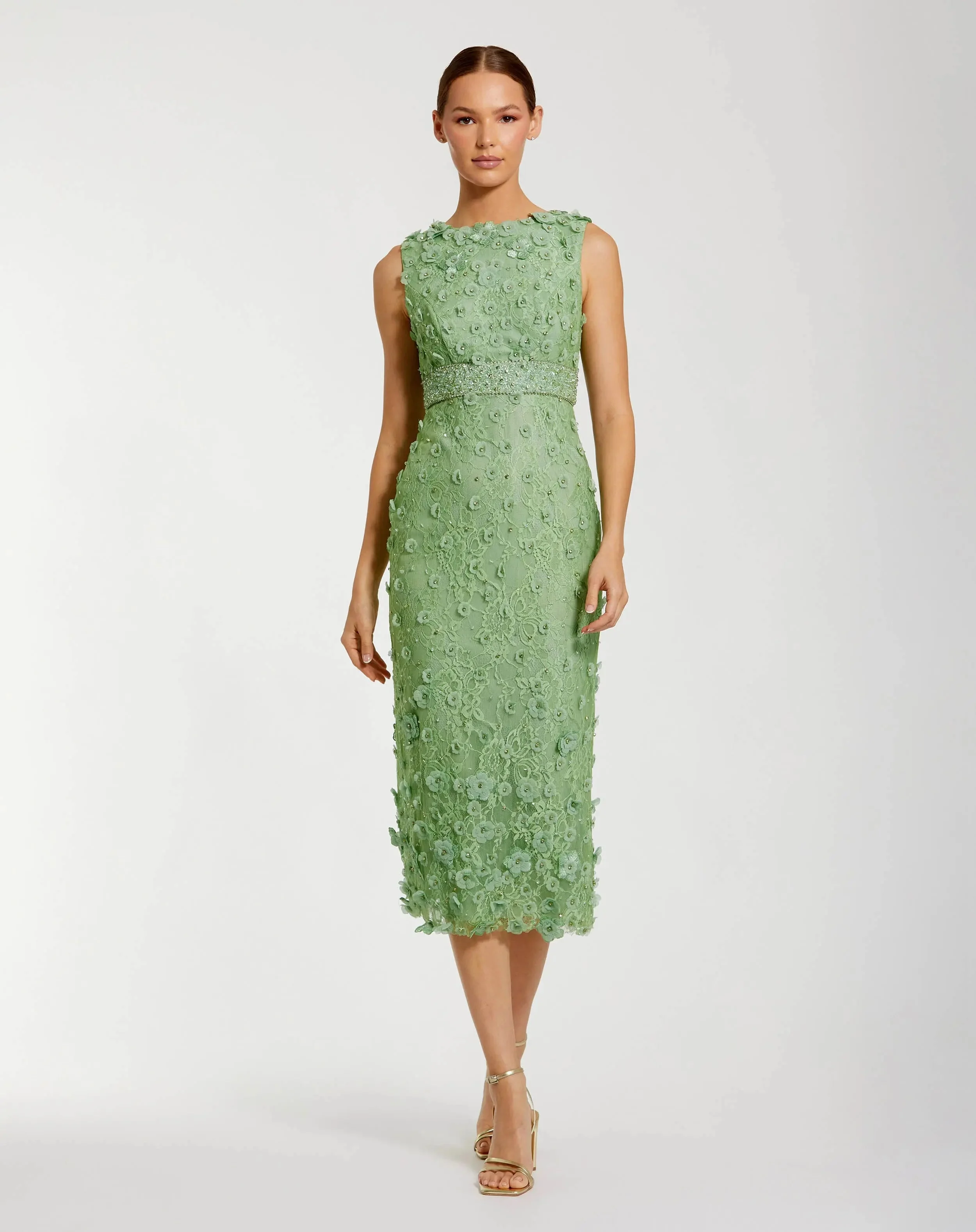 Green Floral Applique Sleeveless Midi Dress - 1