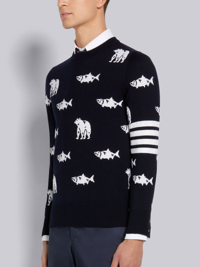 Thom Browne Navy Merino Wool Bear and Salmon Half Drop Intarsia 4-Bar Stripe Relaxed Fit Crew Neck Pullover outlook