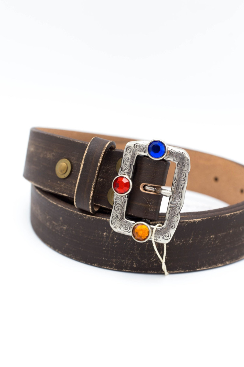 Oil Leather Studs DISCO Buckle Belt - Brown 6