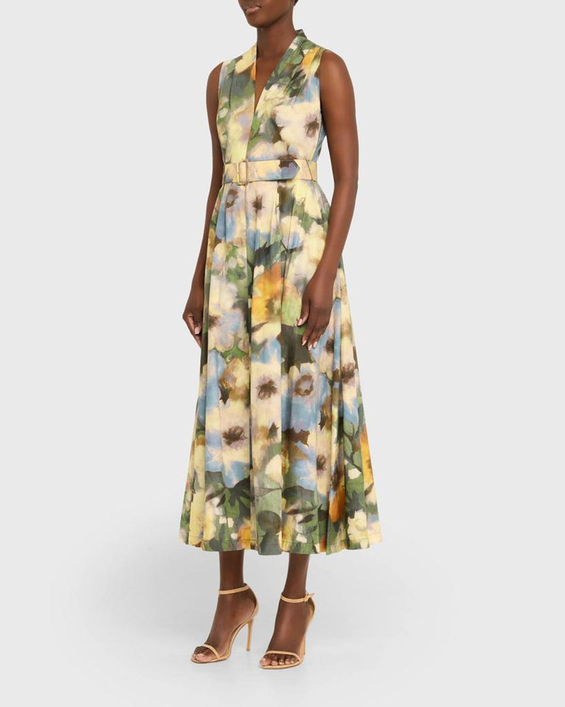 Floral-Print Cotton Sleeveless Midi Dress With Belt 4