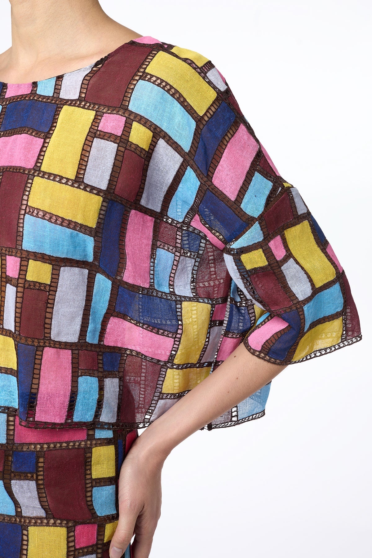 Tatia Patchwork Embroidered Cropped Top in Aurora Multi Linen - 3