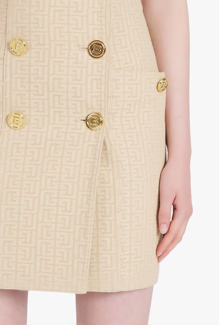 Short nude and white Balmain monogram jacquard dress with gold-tone double-buttoned fastening - 8
