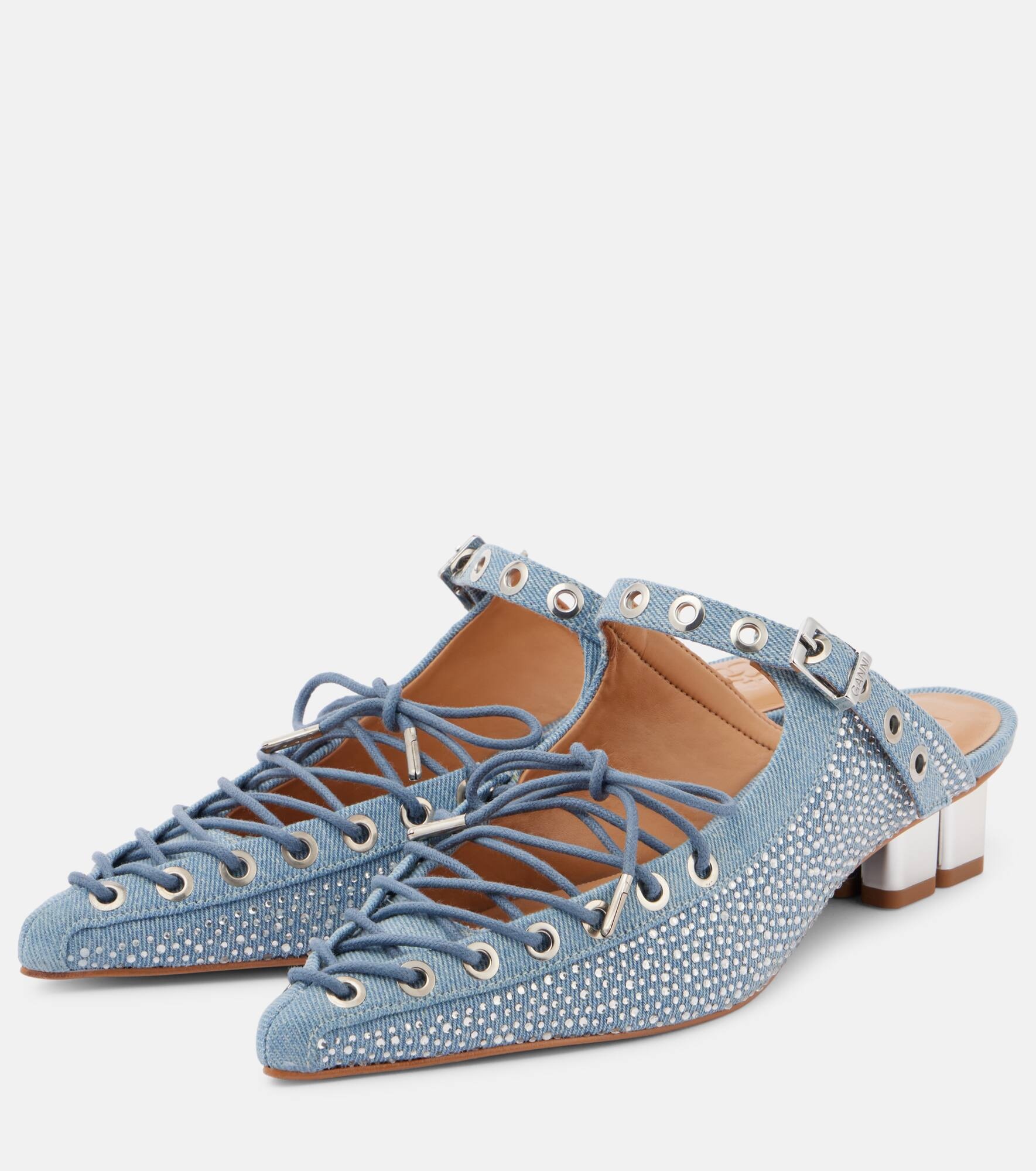 Embellished lace-up denim mules - 4