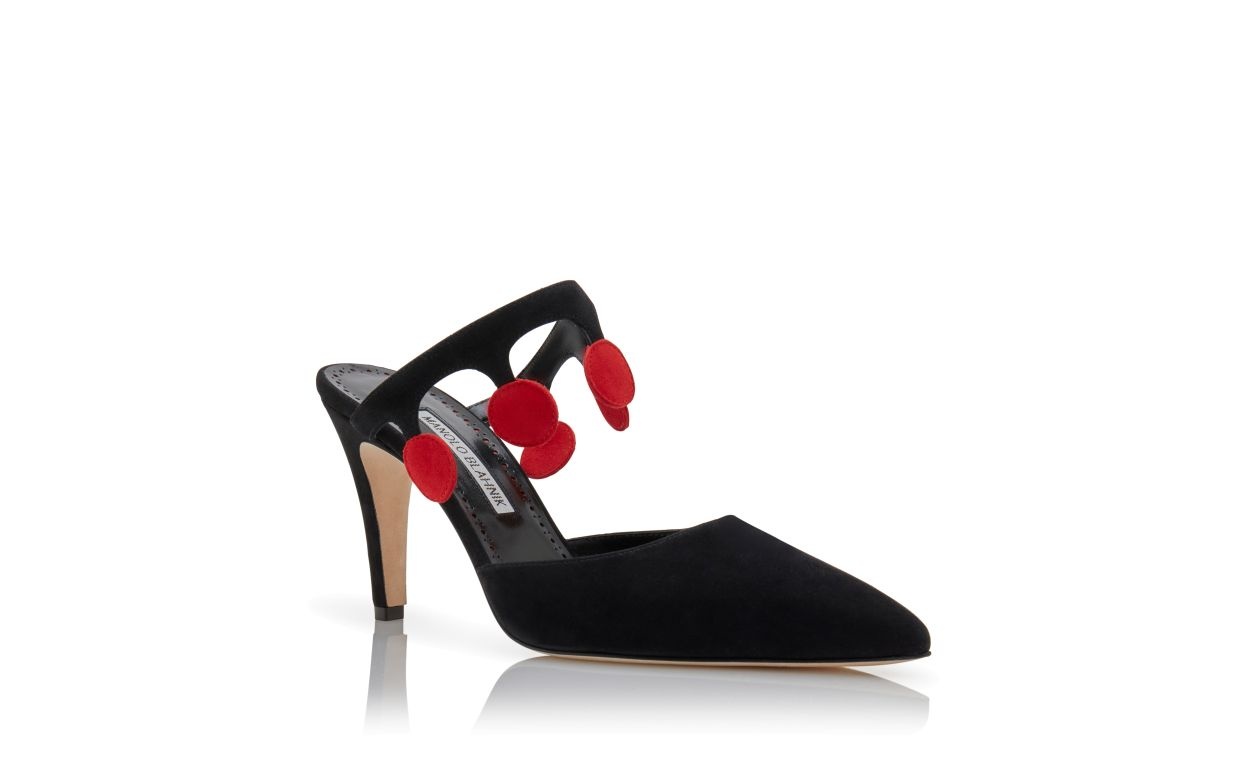 Black and Red Suede Pom Pom Detail Mules - 3