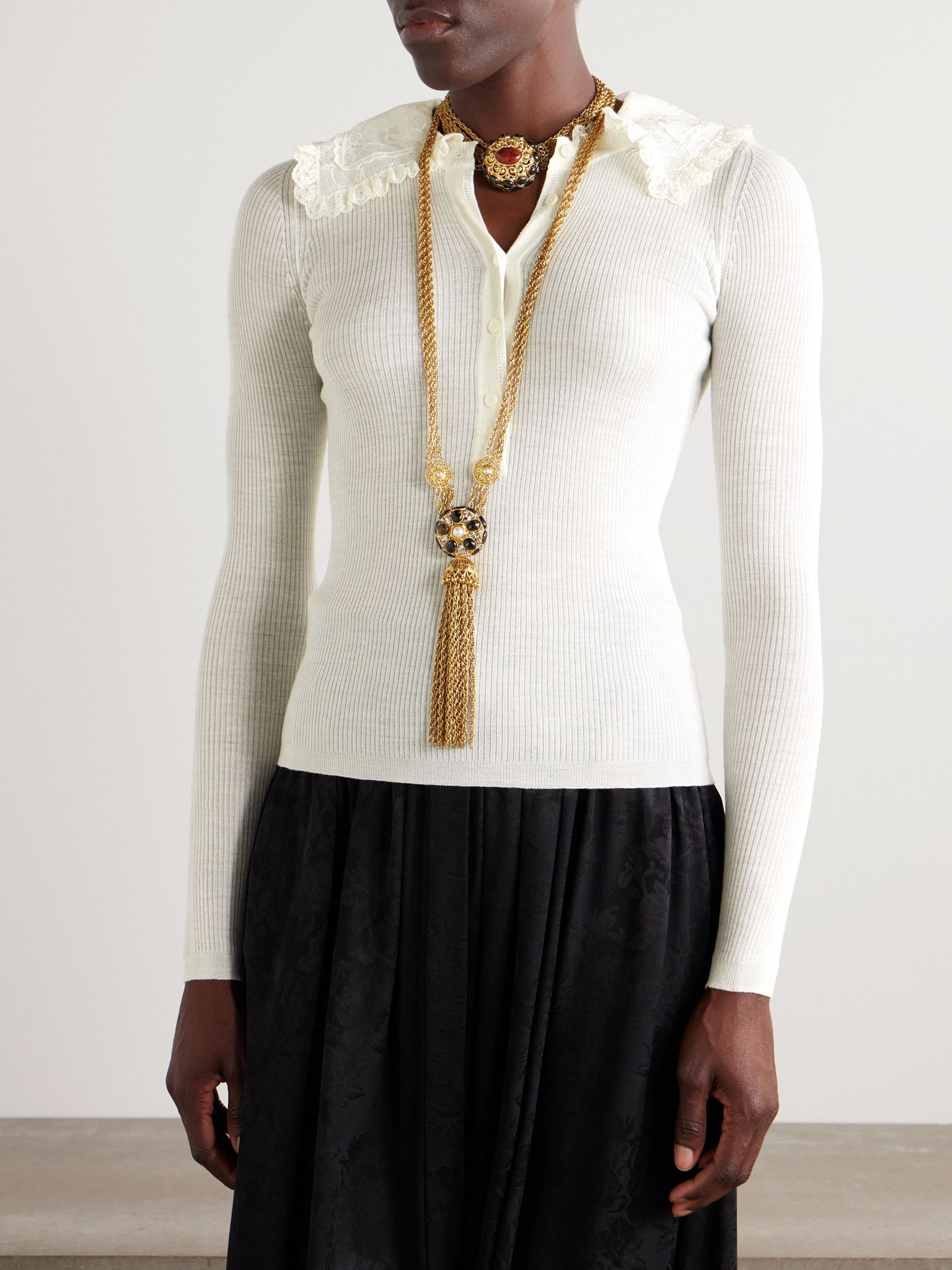 Lace-trimmed ribbed wool polo shirt White - 3