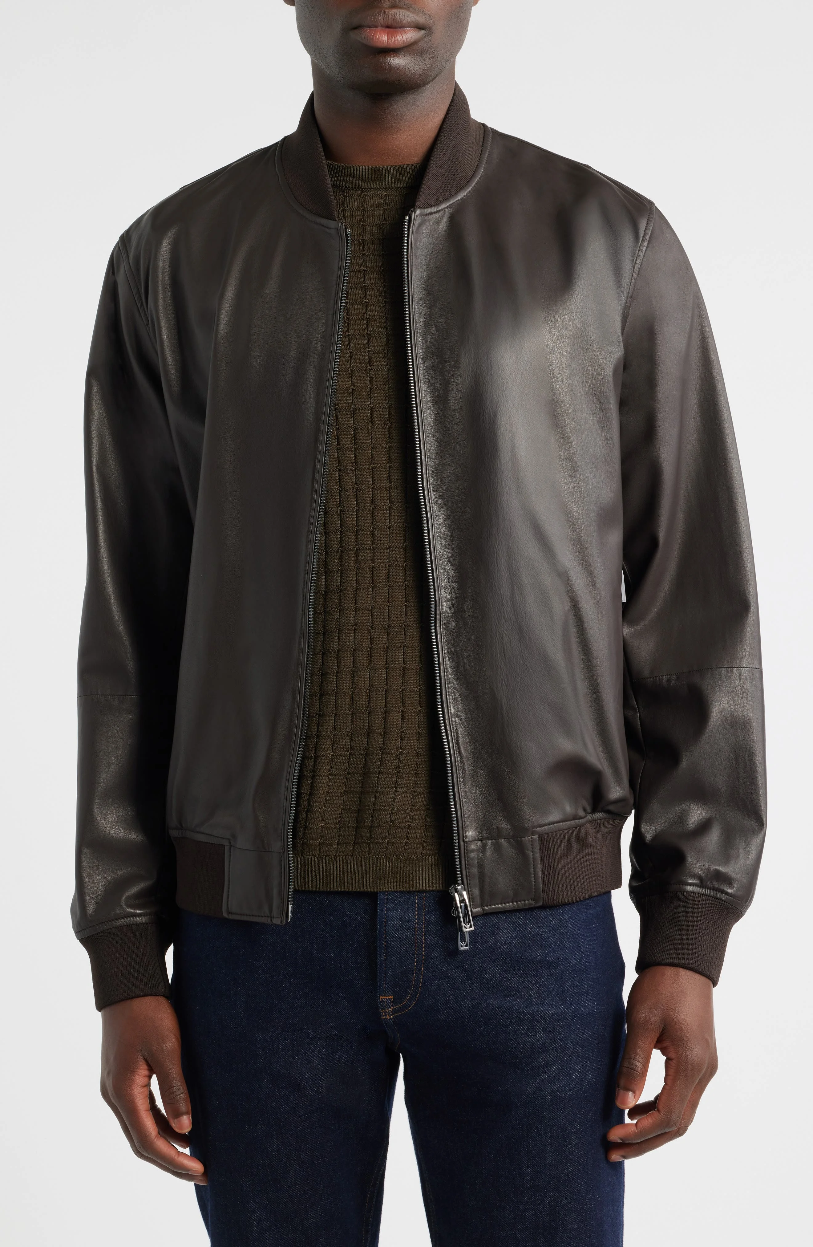 Emporio Armani Black Leather Bomber Jacket in Brown at Nordstrom - 1