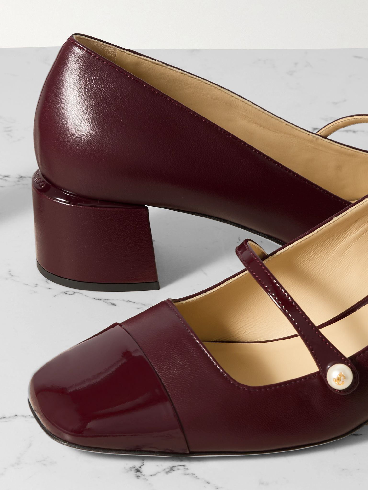 Elisa 45 embellished patent-trimmed leather Mary Jane pumps Burgundy - 4