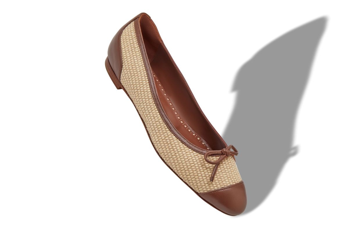 Cream and Brown Raffia Ballerina Flats - 2