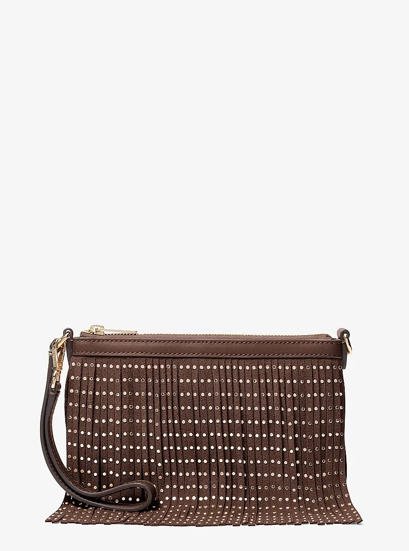 Studded Fringed Polyester Microsuede Wristlet - 1