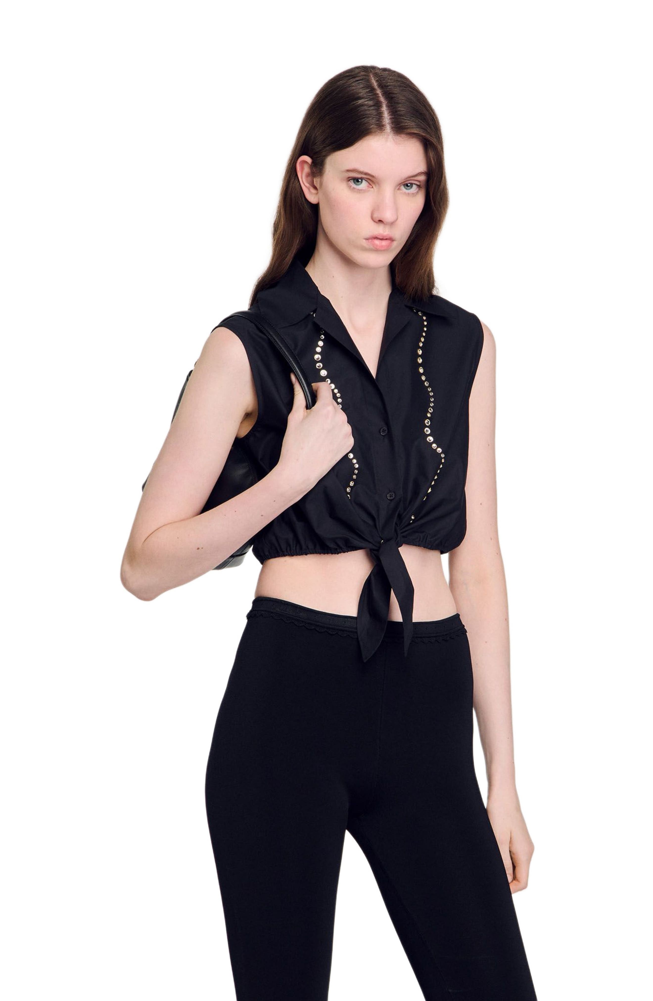 SANDRO Rhinestone cropped shirt in Black at Nordstrom - 3