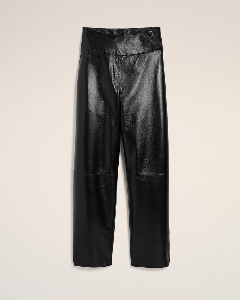 BLACK LAMB LEATHER WRAPPED BELTED TROUSERS 1