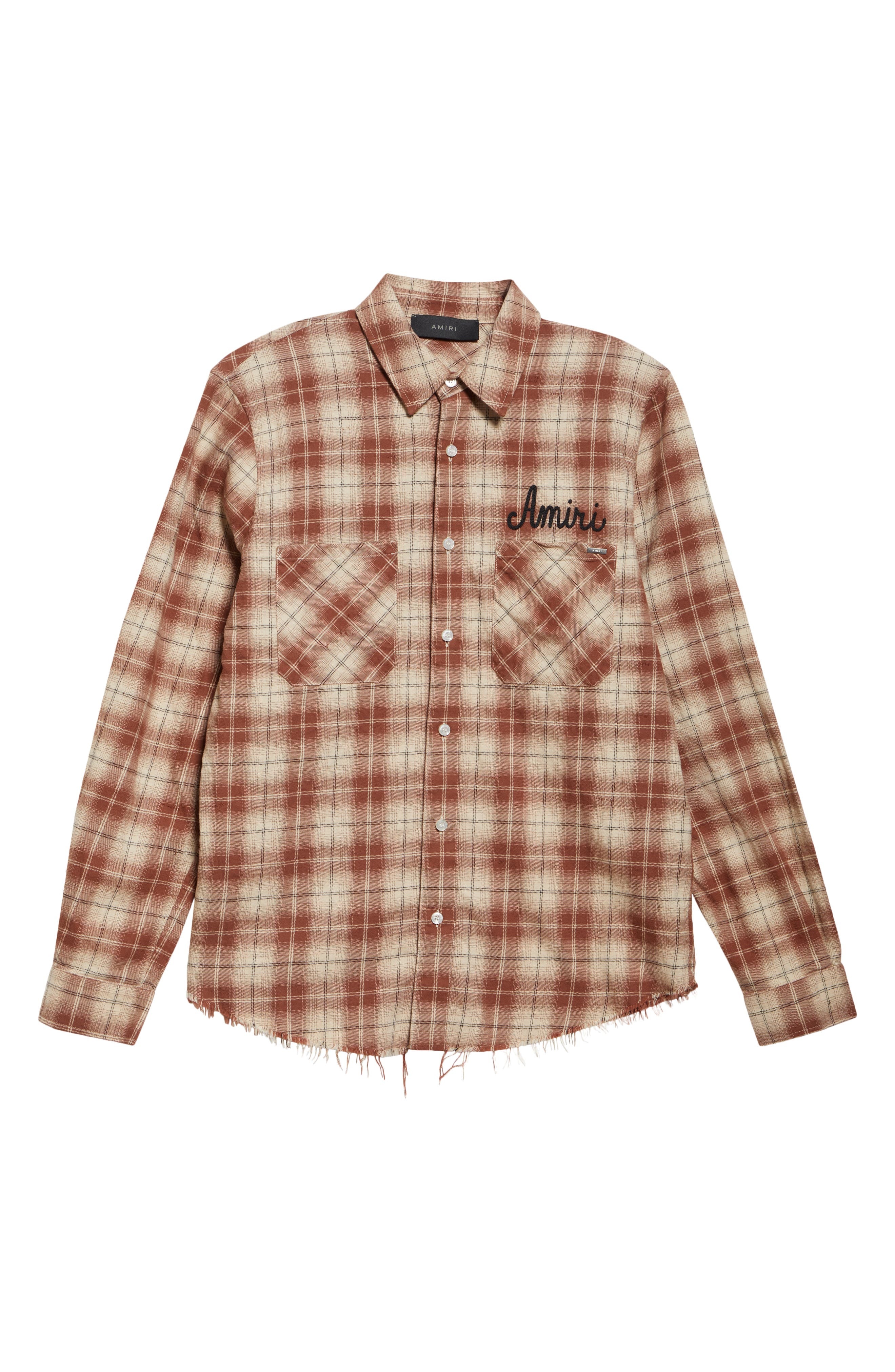AMIRI Shotgun Distressed Plaid Flannel Button-Up Shirt in Chocolate at Nordstrom - 5