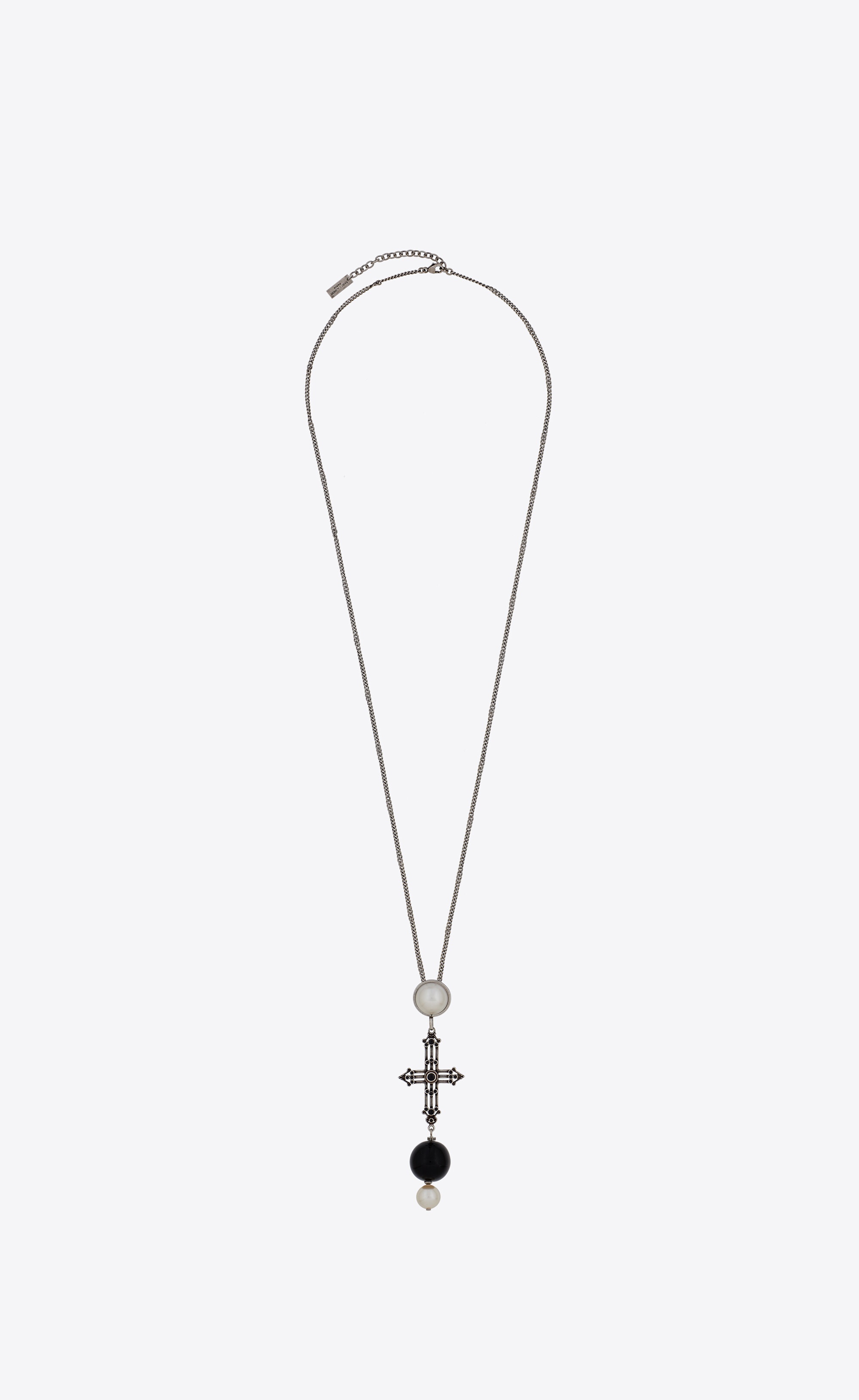 long romantic cross necklace in metal and onyx - 1