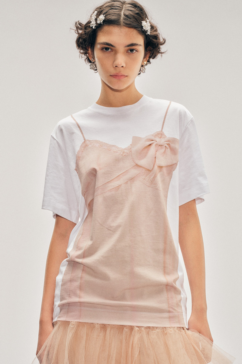 Bow Sash Slip Dress Trompe L'Oeil Print T-Shirt 1