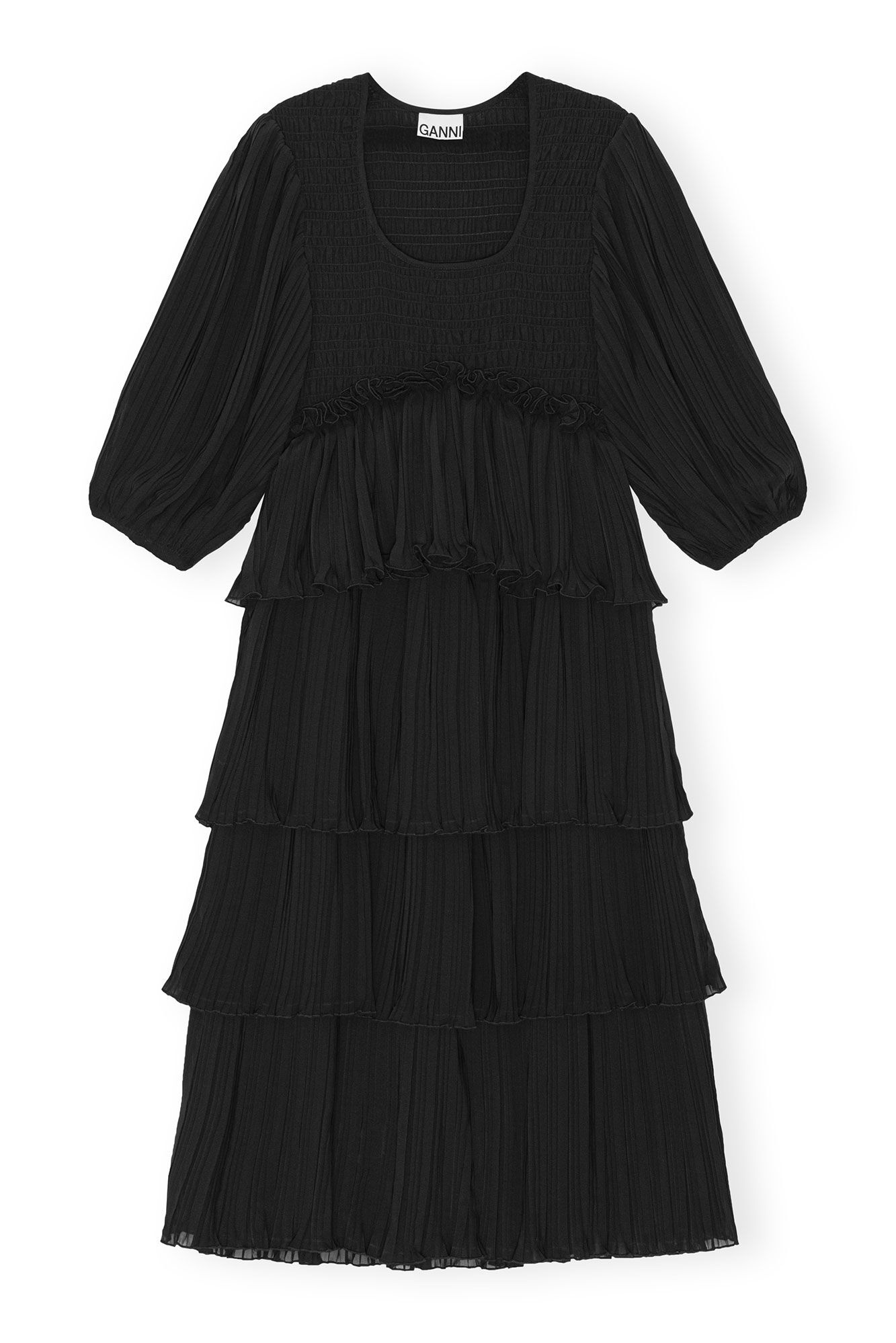 BLACK PLEATED GEORGETTE FLOUNCE SMOCK MIDI DRESS - 1