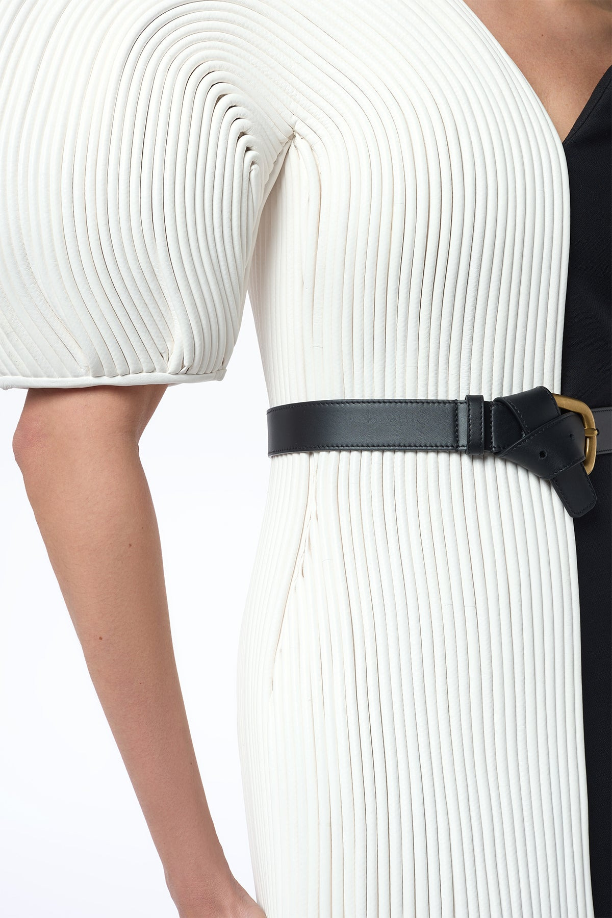 Lysander Fringe Midi Dress in Ivory Nappa Leather & Black Wool Silk Cady - 10
