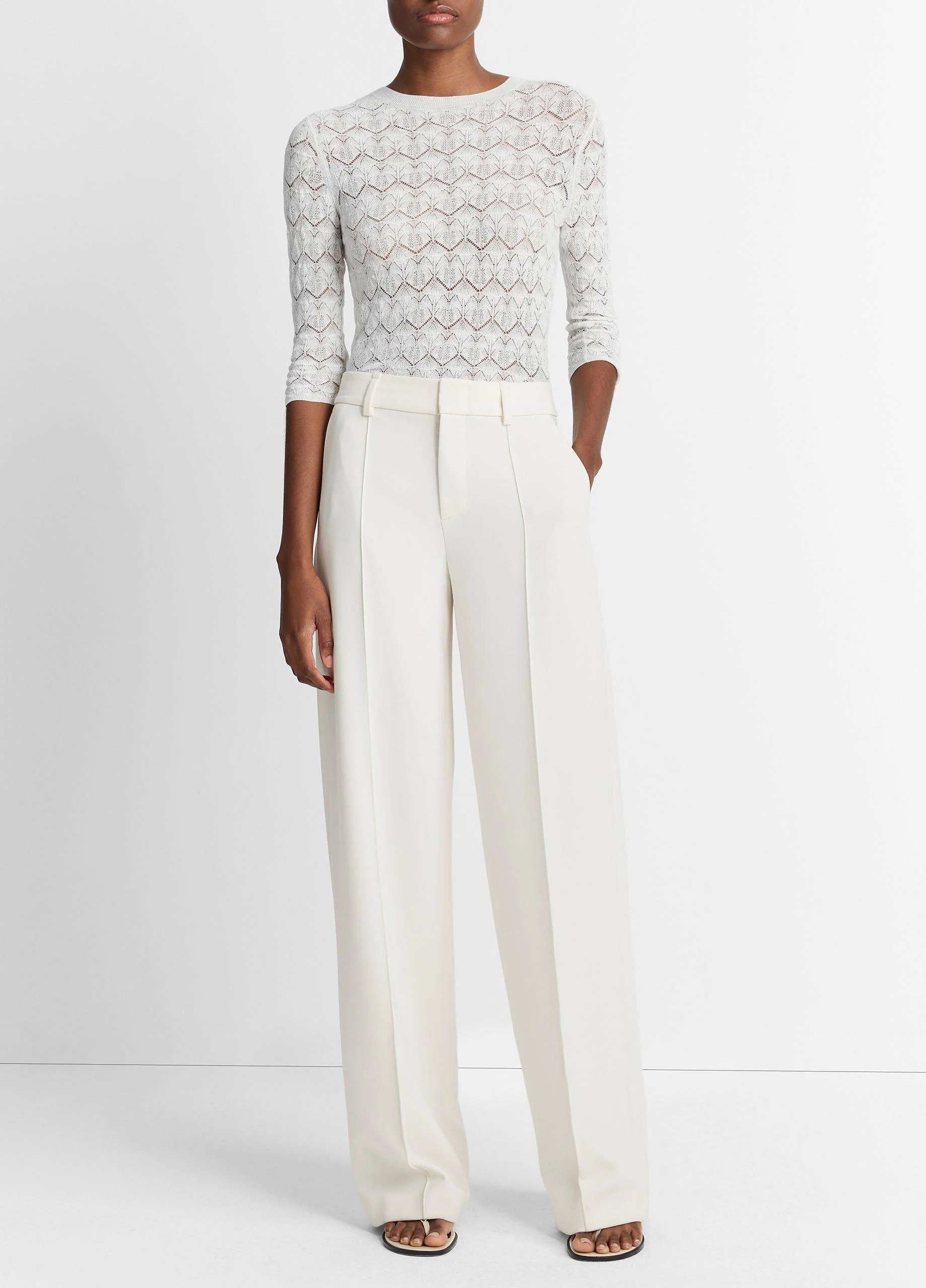 Fine Lace Cotton Three-Quarter-Sleeve Crew Neck Sweater - 1