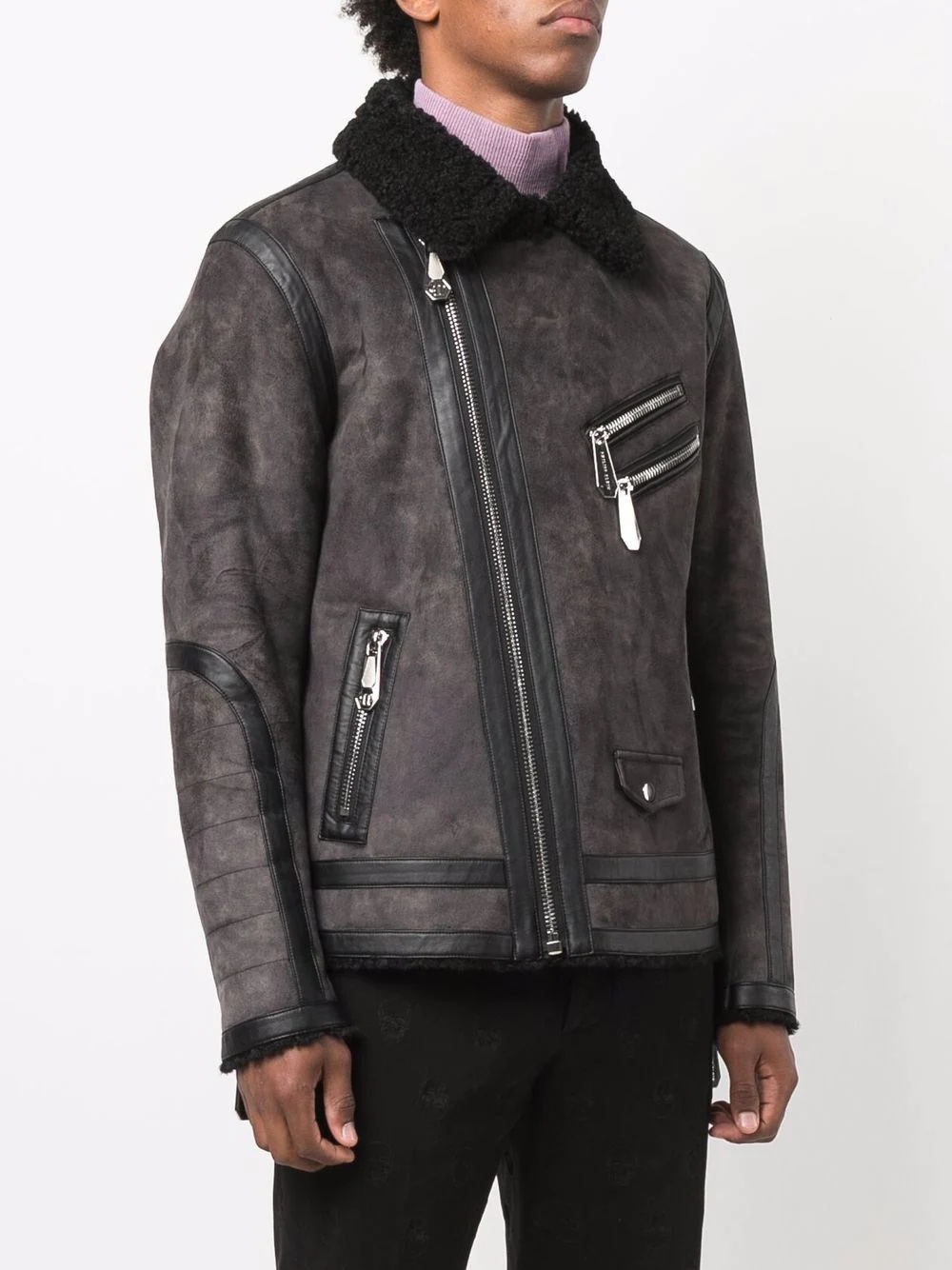 shearling-trim suede biker jacket - 3
