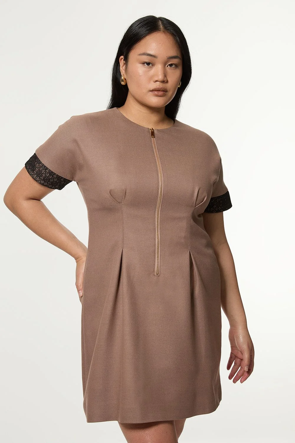 Plus Size Tailored Twill Lace Mix Zip Front Mini Dress - 1