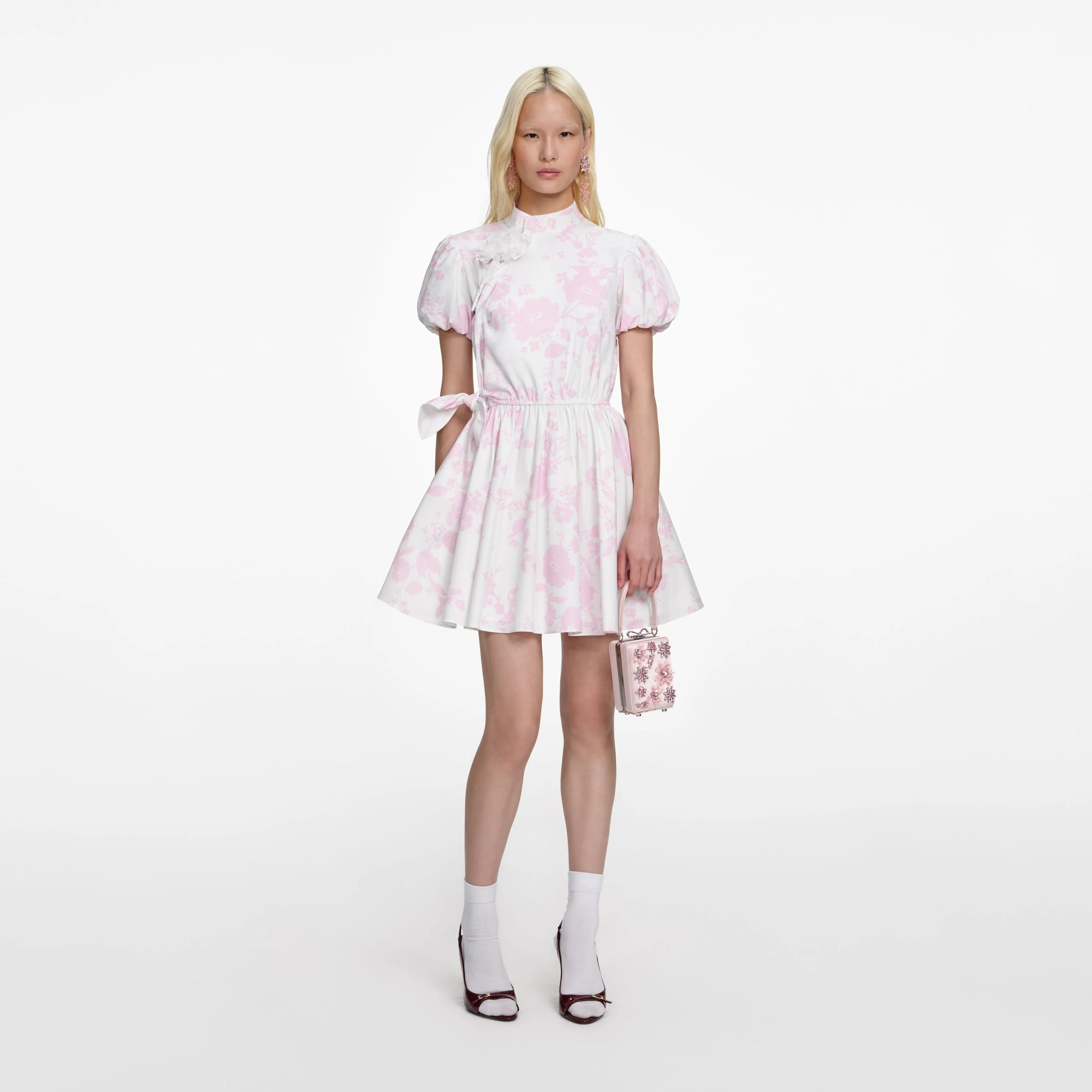 Pink Floral Cotton Drape Mini Dress - 1