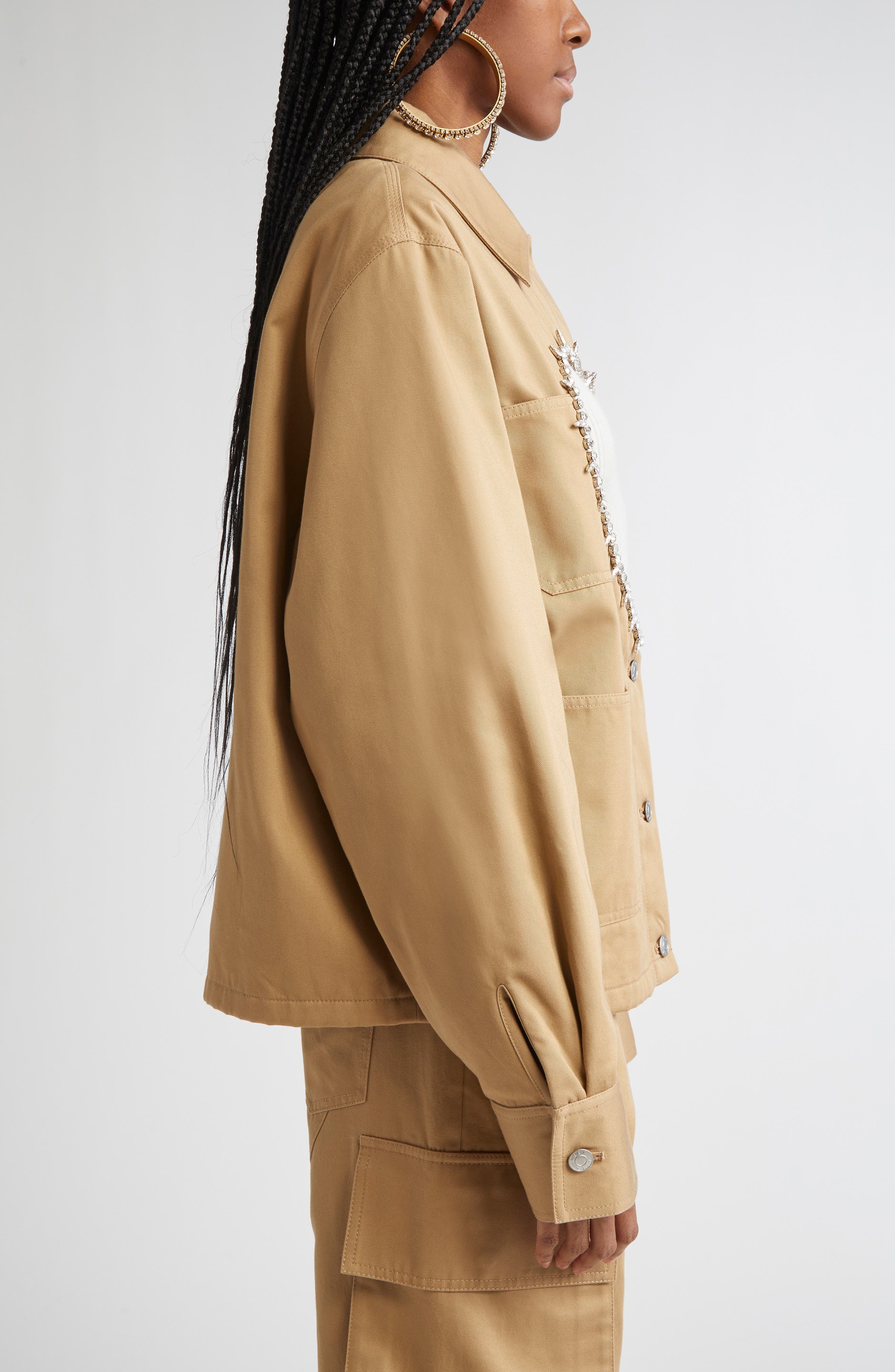 Area Crystal Trim Heart Cutout Cargo Jacket in Tan at Nordstrom - 4