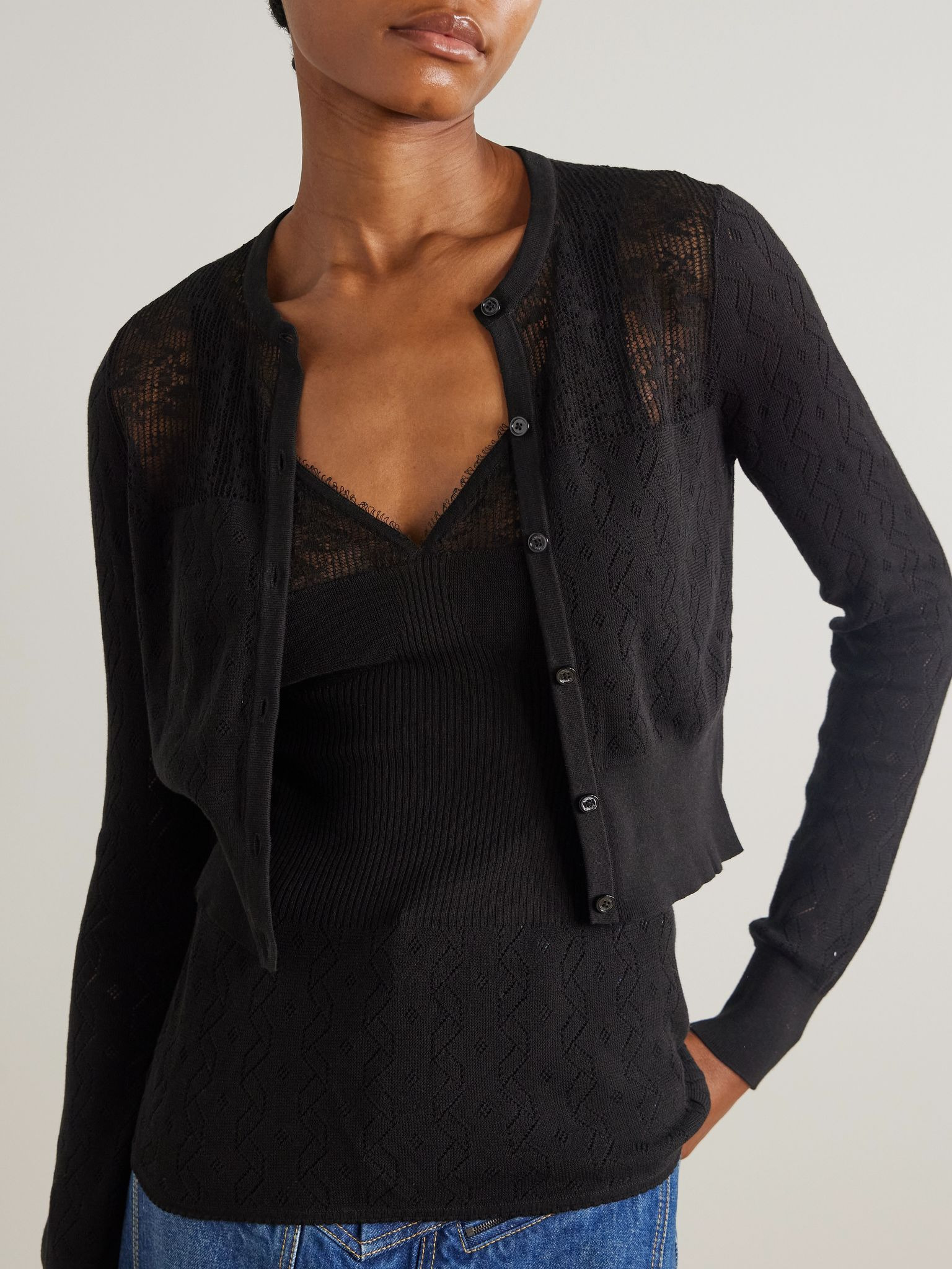 Pointelle-knit cotton tank and cardigan set Black - 3