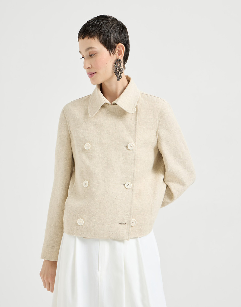 Brunello Cucinelli Slubbed linen, silk and hemp cropped pea coat with monili outlook