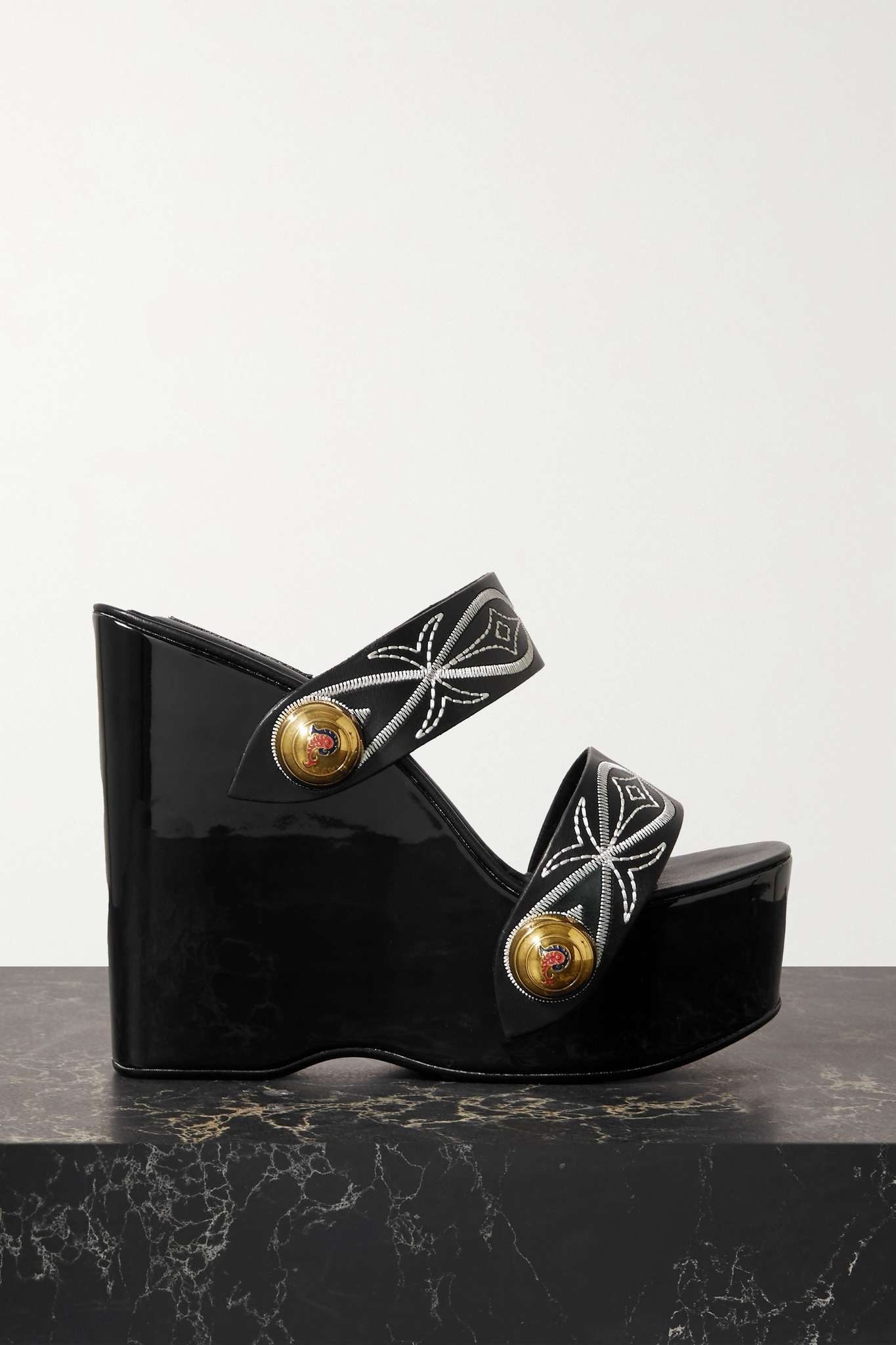 Embellished embroidered leather wedge sandals - 1