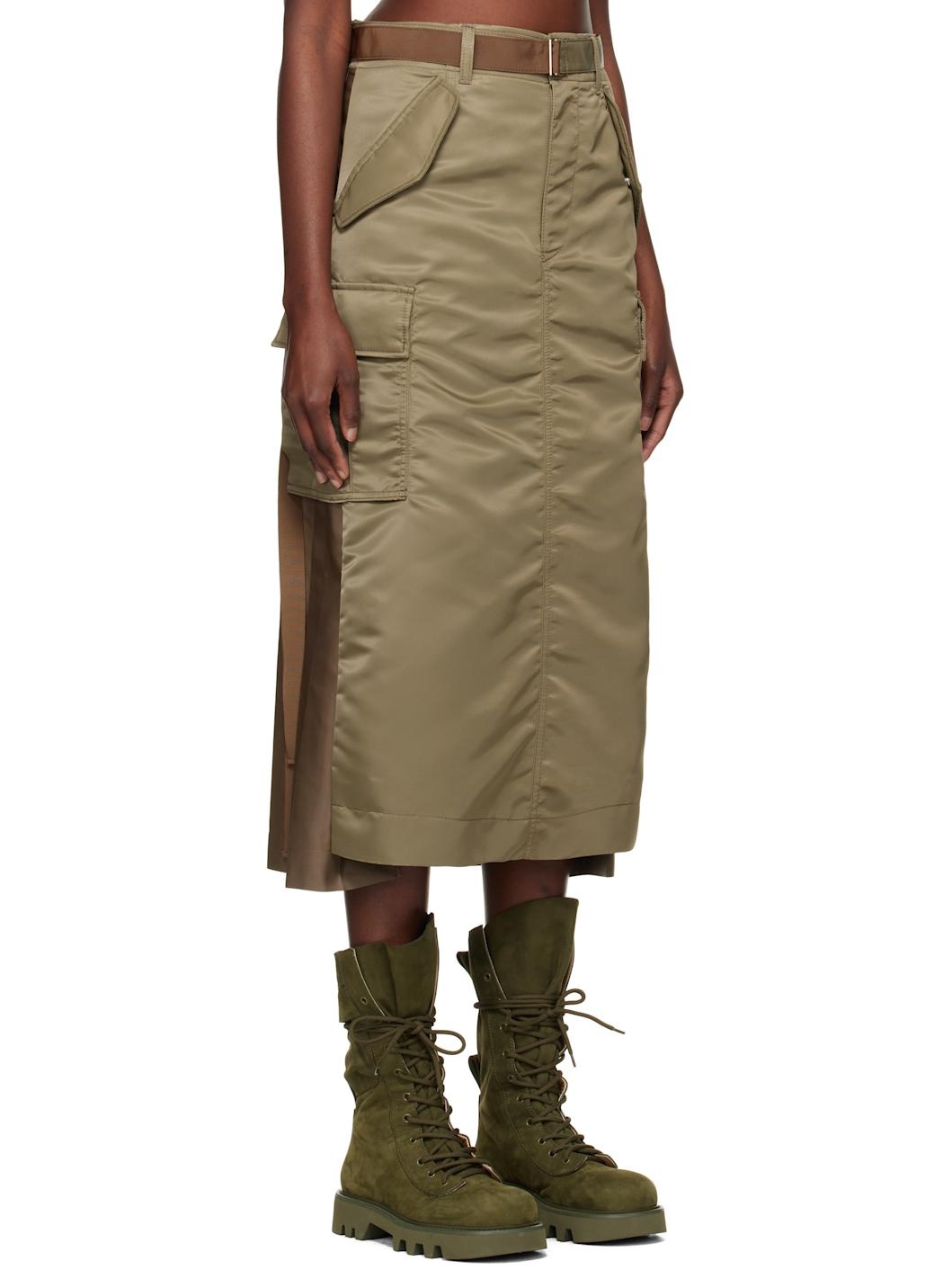Khaki Nylon Twill Midi Skirt - 2