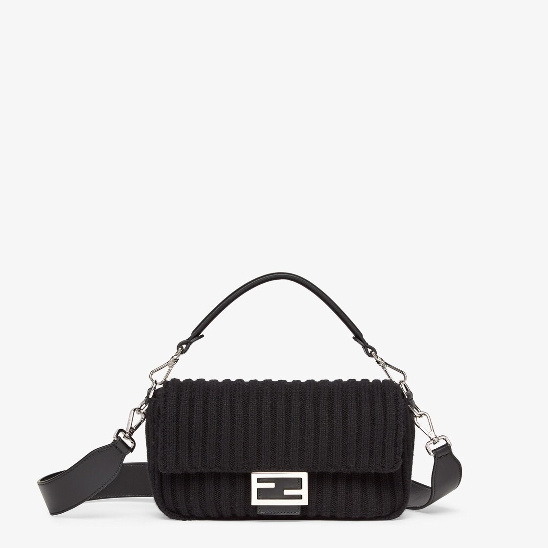 Baguette made of black wool knit with square flap and FF magnetic clasp. Fabric-lined interior with  - 1