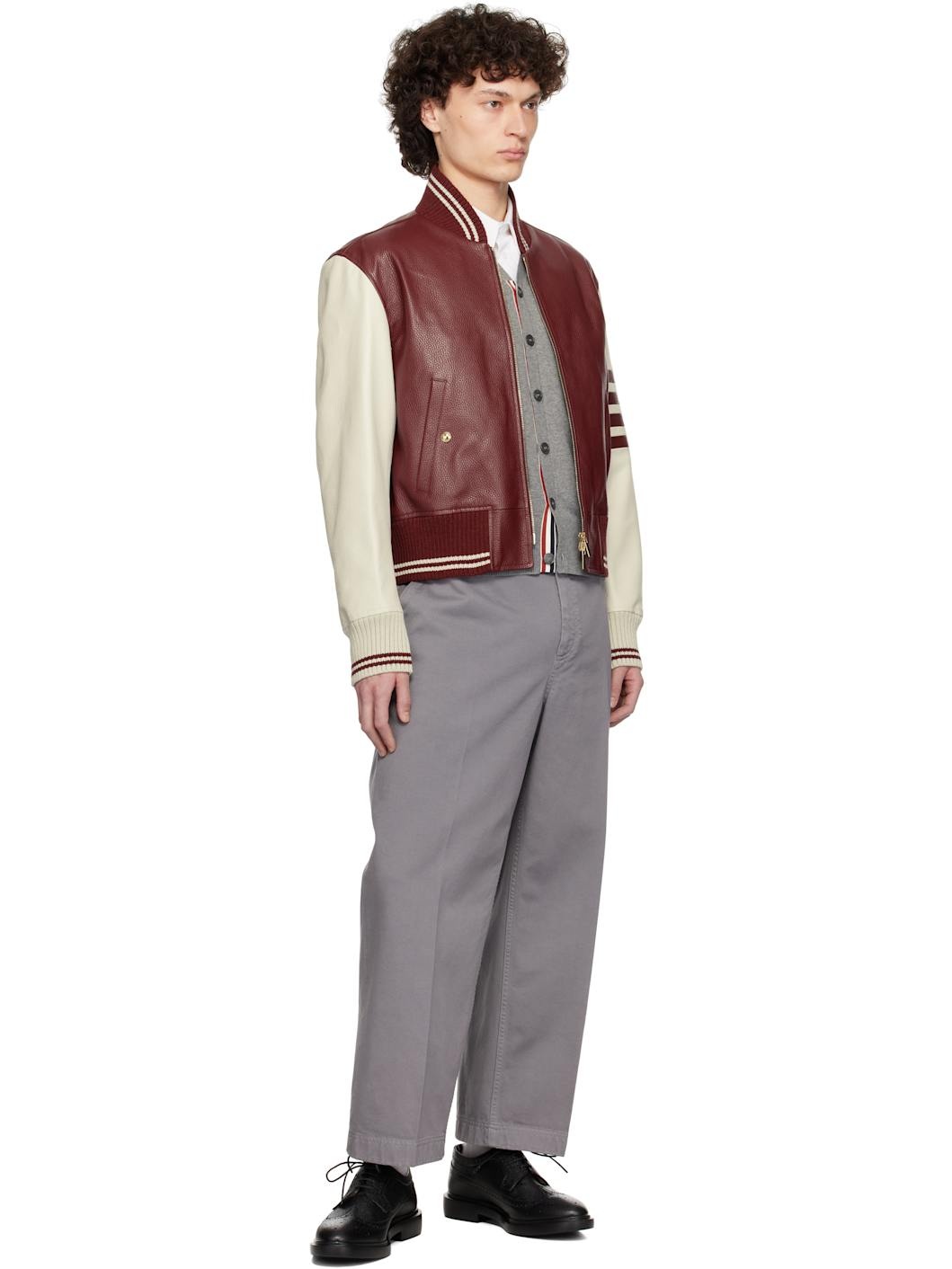 Burgundy & Off-White Classic 4 Bar Leather Bomber Jacket - 4