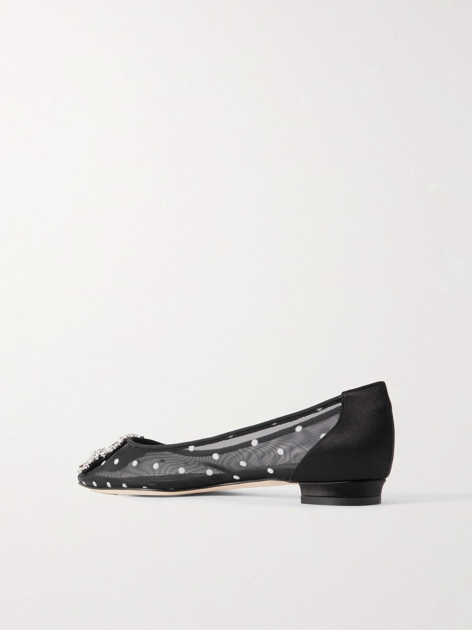 Hangisiflat satin-trimmed crystal-embellished flocked mesh point-toe ballet flats Black - 3