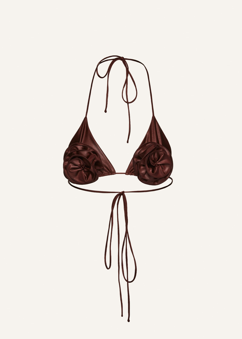 Floral strappy triangle bikini top in metallic brown 1