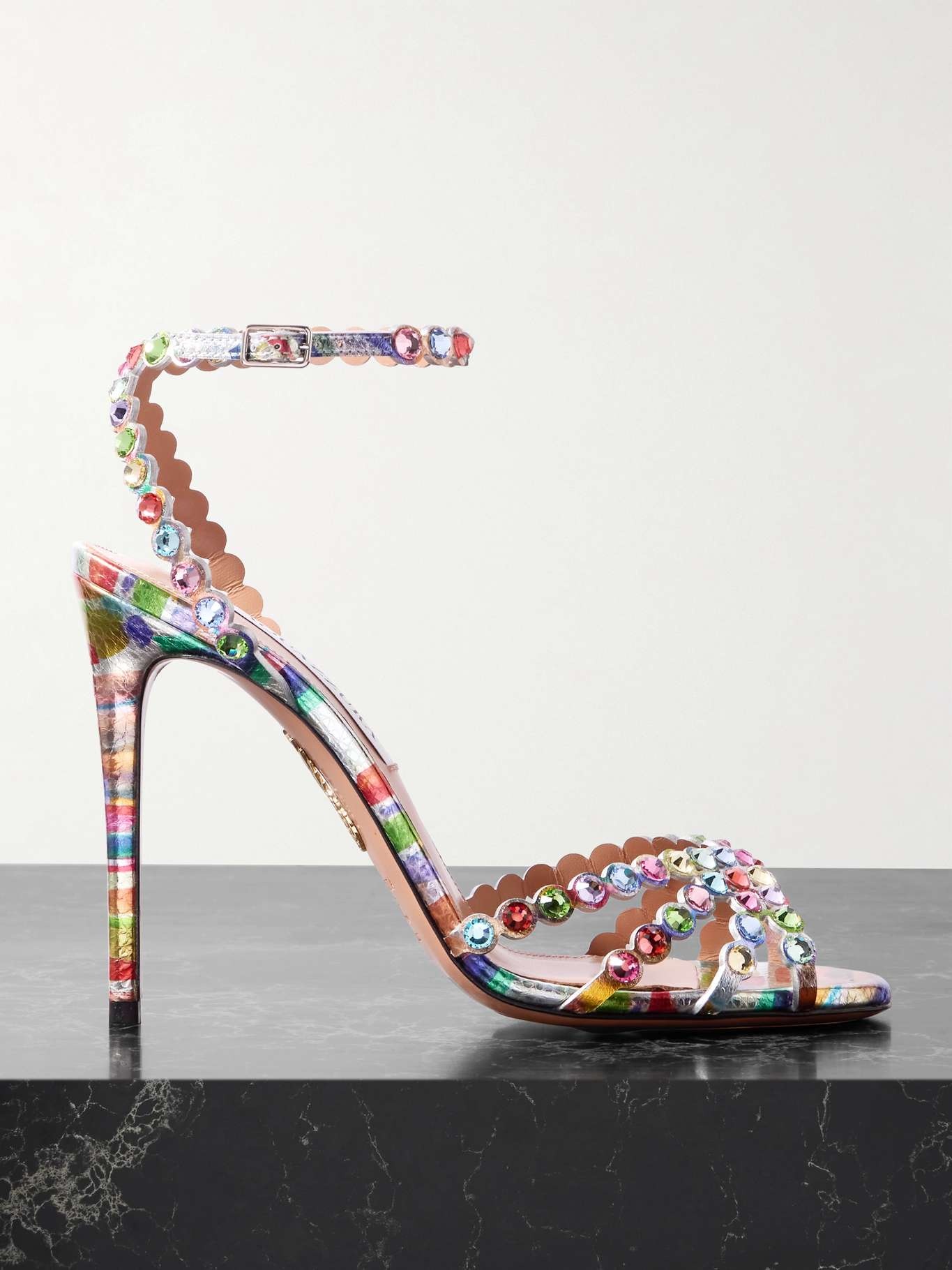 【関税込み】AQUAZZURA MILAGROS' SANDALS Aquazzura Milagros Crystal Suede Grosgrain Ankle-Strap