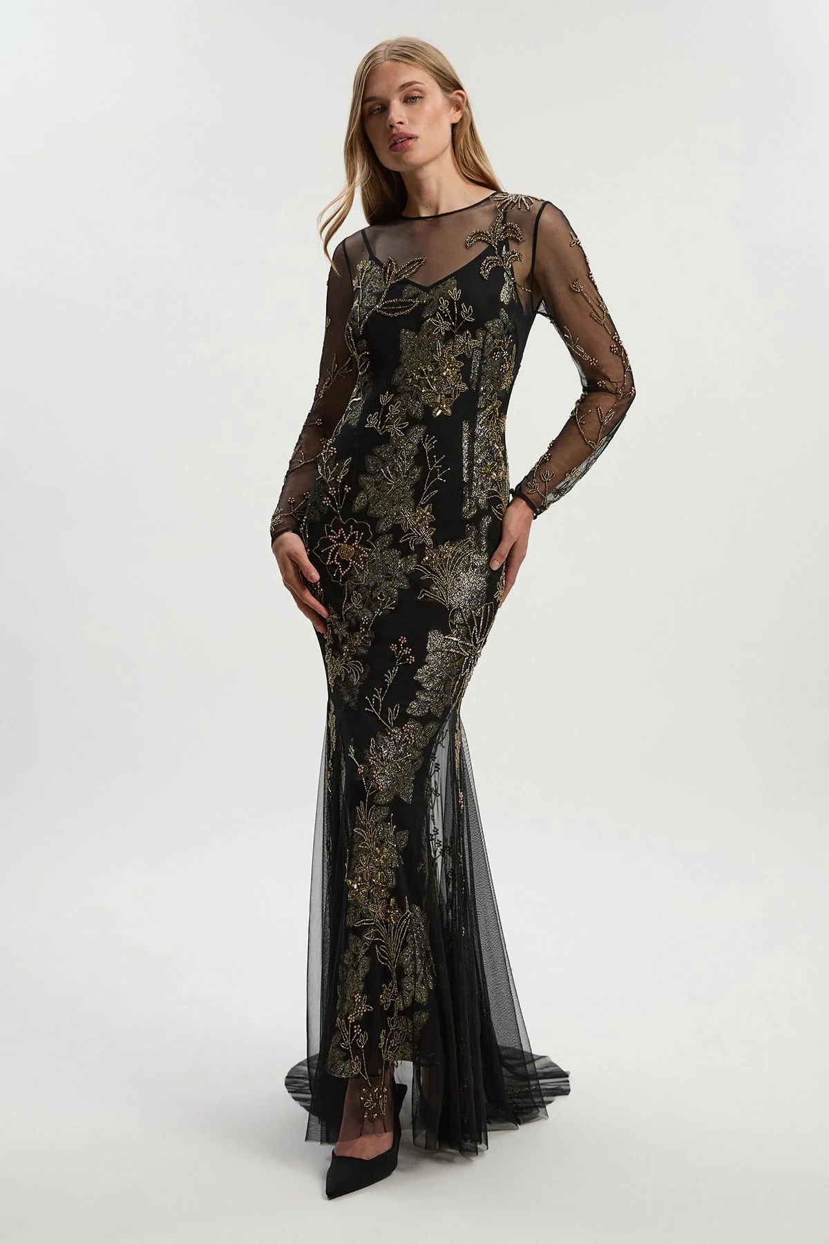 Petite Floral Applique Embellished Metallic Georgette Woven Maxi Dress - 1